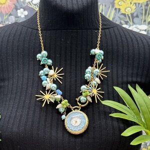 ⭐️Adorned Crown Jewelry assemblage blue green watch starburst Czech necklace